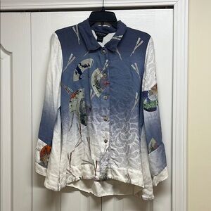 Citron Blue and White Silk Gradient Button-Up Shirt with Asian Fans Size Large